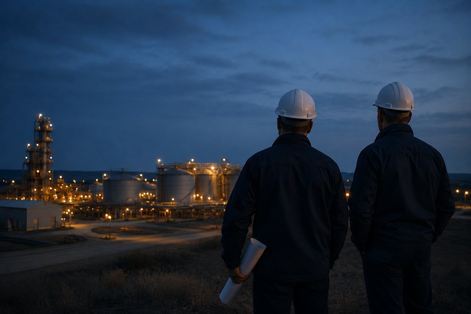 Two engineers reviewing an onshore oil and gas facility together at dusk