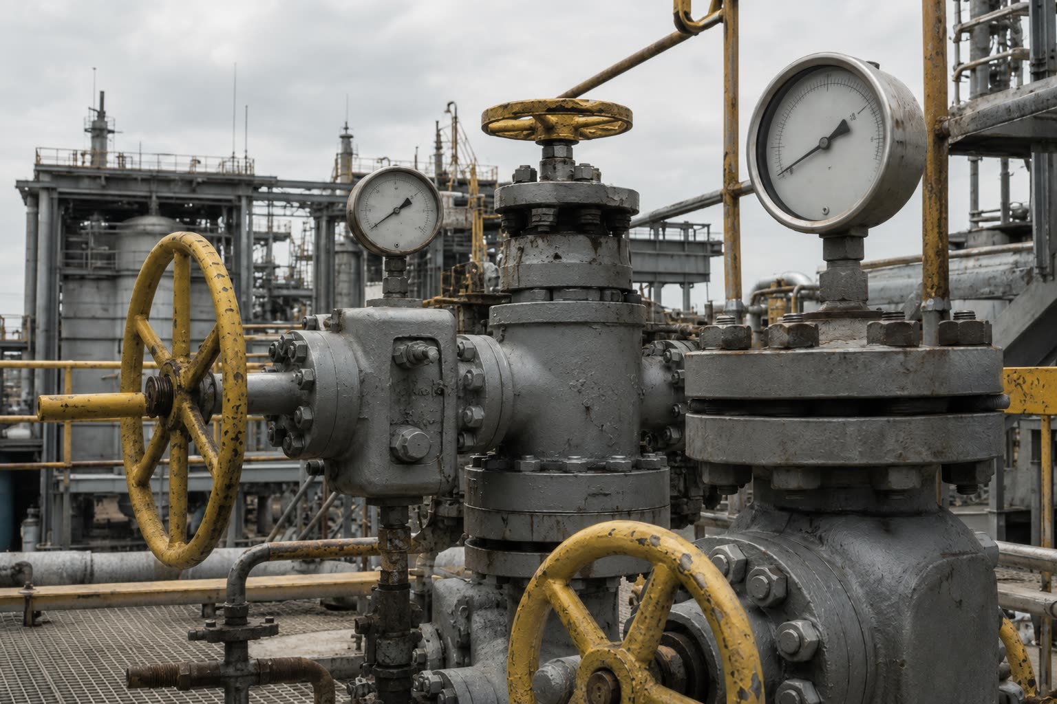 Wellhead and pressure gauges at a production facility